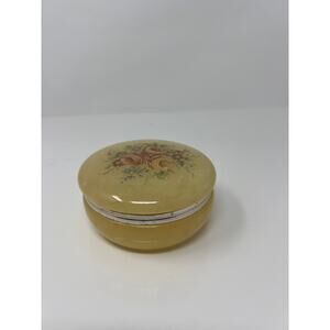Vintage Alabaster Stone Round Floral Hinged Powder Box Jar